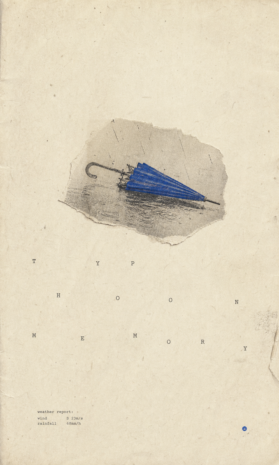 Typhoon Memory 极简 ZINE 海报:蓝色风暴形态与红色小面积锚点